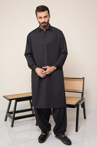 Shopmanto, wear manto, manto clothing brand, manto pakistan, ladies clothing brand, urdu calligraphy clothing, wear manto men's wear classic wash n wear jet black kameez shalwar with kurta collar