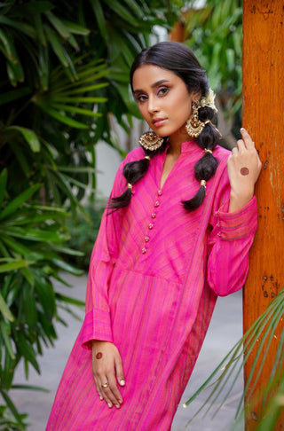 Manto Woman's Stitched 1 Piece Fuchsia Yarn Dyed Sunehri A-line Kurta with Tassels on the Neckline