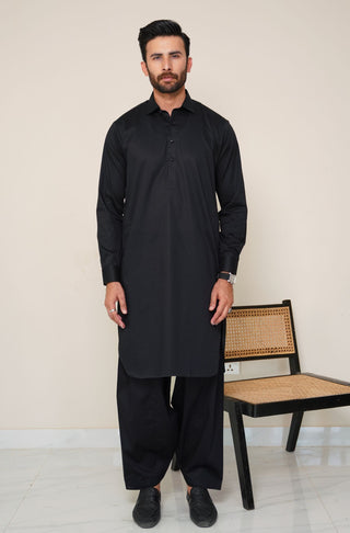 Shopmanto, wear manto, manto clothing brand, manto pakistan, ladies clothing brand, urdu calligraphy clothing, wear manto men's wear basic two piece coord jet black shirt kurta collar textured cotton kameez shalwar, men's eid, men's fashion