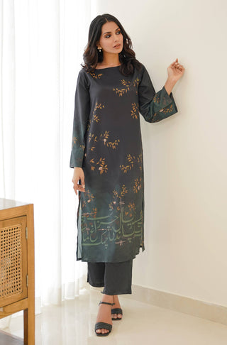 Manto Two Piece Black & Green Crepe Co-Ord Set with Straight Long Shirt & Trouser Featuring Urdu Calligraphy