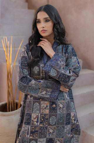 Manto Woman's Stitched Summer Jacquard 1 Piece Jugnu Kurta Imperial Blue Featuring Illustration & Poetry of Allama Iqbal