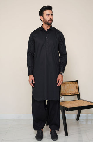 Shopmanto, wear manto, manto clothing brand, manto pakistan, ladies clothing brand, urdu calligraphy clothing, wear manto men's wear basic two piece coord jet black shirt kurta collar textured cotton kameez shalwar, men's eid, men's fashion