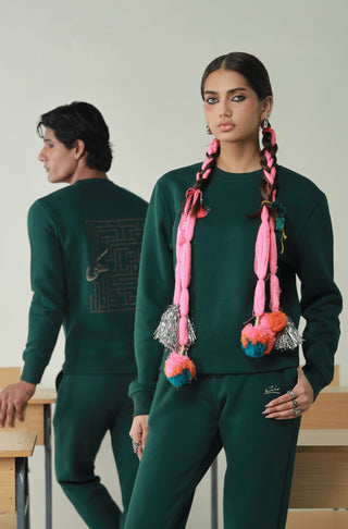 Manto's Unisex Premium Fleece Green Sanki Sweatshirt featuring Urdu Sanki Motif at the Back Paired with Green Jogger Pants