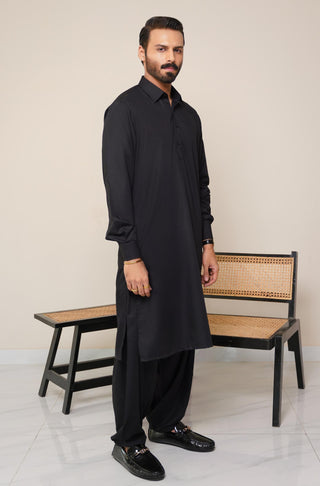 Shopmanto, wear manto, manto clothing brand, manto pakistan, ladies clothing brand, urdu calligraphy clothing, wear manto men's wear classic wash n wear jet black kameez shalwar with kurta collar