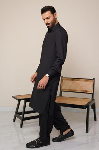 Shopmanto, wear manto, manto clothing brand, manto pakistan, ladies clothing brand, urdu calligraphy clothing, wear manto men's wear classic wash n wear jet black kameez shalwar with kurta collar