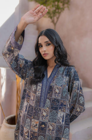 Manto Woman's Stitched Summer Jacquard 1 Piece Jugnu Kurta Imperial Blue Featuring Illustration & Poetry of Allama Iqbal