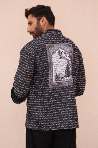 Manto Unisex 1 Piece Front Open Button Down Markhor Overshirt Black Featuring Calligraphy of Poetry by Allama Iqbal & Illustration of National Elements of Pakistan on the Inside & Back