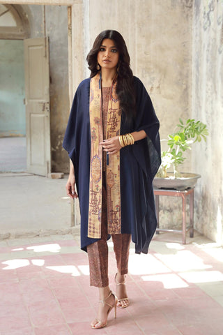 Manto's Unisex Acrylic Wool Blue Dasht Cape with Urdu Calligraphy on the Borders