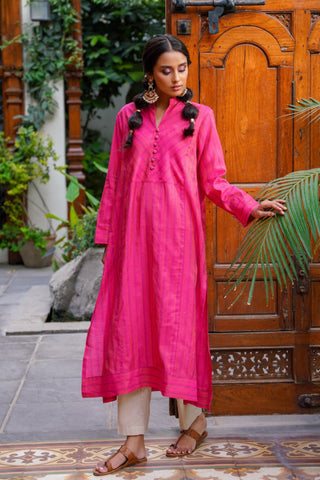 Manto Woman's Stitched 1 Piece Fuchsia Yarn Dyed Sunehri A-line Kurta