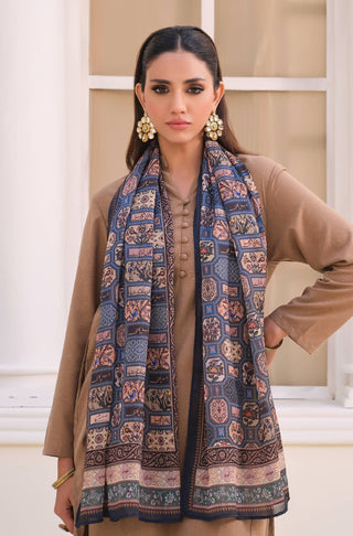 Manto's Women Blue Silk Scarf Calligraphy Paired with Beige Solid Co-Ord