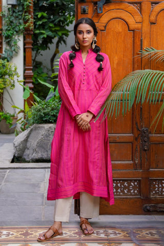 Manto Woman's Stitched 1 Piece Fuchsia Yarn Dyed Sunehri A-line Kurta