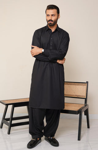 Shopmanto, wear manto, manto clothing brand, manto pakistan, ladies clothing brand, urdu calligraphy clothing, wear manto men's wear classic wash n wear jet black kameez shalwar with kurta collar