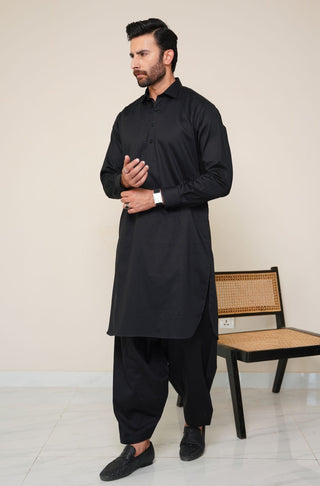 Shopmanto, wear manto, manto clothing brand, manto pakistan, ladies clothing brand, urdu calligraphy clothing, wear manto men's wear basic two piece coord jet black shirt kurta collar textured cotton kameez shalwar, men's eid, men's fashion