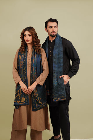 Manto's Unisex Double Sided Blue Chirag Stole featuring Urdu Calligraphy