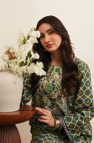 Mood Shot of Manto Women's Khaddar Green Kurta with Urdu Calligraphy