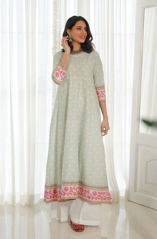 Manto's Printed Women Anarkali with Urdu Calligraphy Paired with White Wide Leg Ijaar Pants