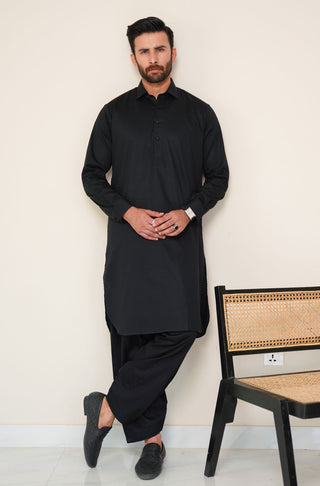 Shopmanto, wear manto, manto clothing brand, manto pakistan, ladies clothing brand, urdu calligraphy clothing, wear manto men's wear basic two piece coord jet black shirt kurta collar textured cotton kameez shalwar, men's eid, men's fashion