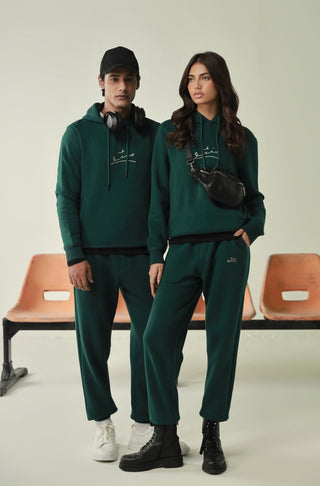 Manto's Unisex Premium Fleece Green Pullover Hoodie with Urdu Manto Logo Paired with Green Jogger Pants