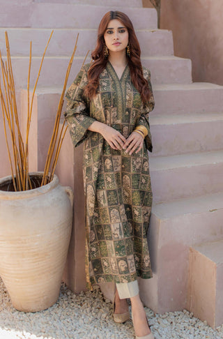 Manto Woman's Stitched Summer Jacquard 1 Piece Jugnu Kurta Royal Green Featuring Illustration & Poetry of Allama Iqbal