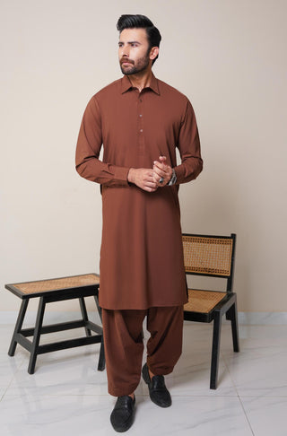 Shopmanto, wear manto, manto clothing brand, manto pakistan, ladies clothing brand, urdu calligraphy clothing, wear manto men's wear classic wash n wear cocoa brown kameez shalwar with kurta collar