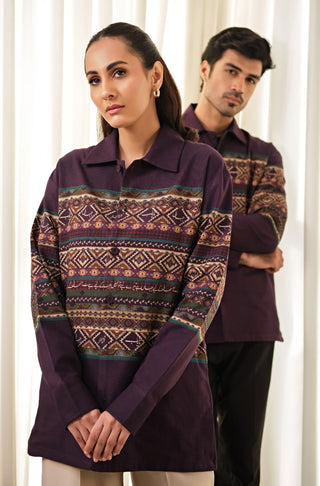 Shop manto's Unisex Loose-fit Khaddar Purple Meraki Overshirt featuring Urdu Calligraphy