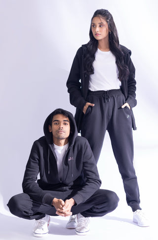 Manto's Unisex Premium Fleece Outerwear Sanki Black Zipper Hoodie Paired with Black Jogger Pants