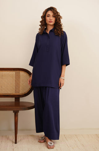 Raya Solid Blue Co-ord set is made from ultra-soft wash and wear material featuring short shirt with collar and placket details and shalwar with relaxed fit