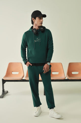 Manto's Unisex Premium Fleece Green Pullover Hoodie with Urdu Manto Logo Paired with Green Jogger Pants