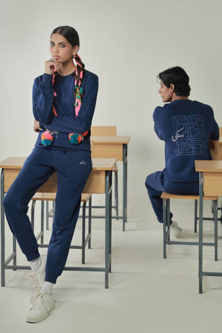 Manto's Unisex Premium Fleece Blue Sanki Sweatshirt featuring Urdu Sanki Motif at the Back Paired with Blue Jogger Pants