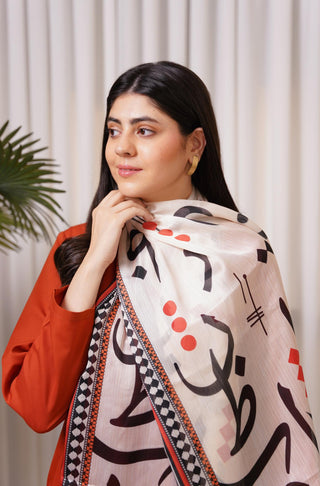 Shopmanto, wear manto, manto clothing brand, manto pakistan, ladies clothing brand, urdu calligraphy clothing, Wear manto crepe silk urdu calligraphy cream and black sooraj scarf for men and women