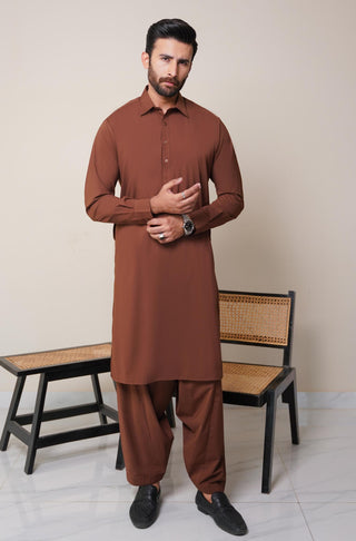 Shopmanto, wear manto, manto clothing brand, manto pakistan, ladies clothing brand, urdu calligraphy clothing, wear manto men's wear classic wash n wear cocoa brown kameez shalwar with kurta collar