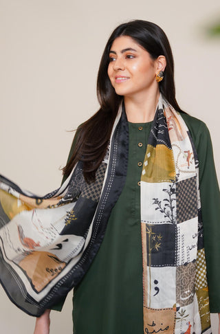 Shopmanto, wear manto, manto clothing brand, manto pakistan, ladies clothing brand, urdu calligraphy clothing, Wear manto crepe silk urdu calligraphy green and black safar scarf for men and women