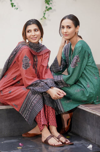 Manto Women's Stitched 1 Piece Swiss Lawn Uraan Rust & Black Dupatta Calligraphed with Words of Kaif Moradaabadi