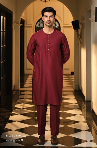 Manto Men's Ruby Red Lucknow Style Collar Kurta & Pajama Set