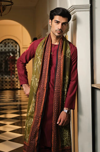 Manto Men's Ruby Red Lucknow Style Collar Kurta & Pajama Set