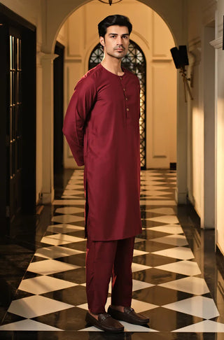 Manto Men's Ruby Red Lucknow Style Collar Kurta & Pajama Set