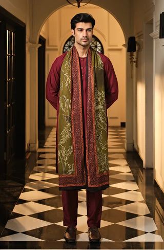 Manto Men's Ruby Red Lucknow Style Collar Kurta & Pajama Set Paired with Gumaan Odhni