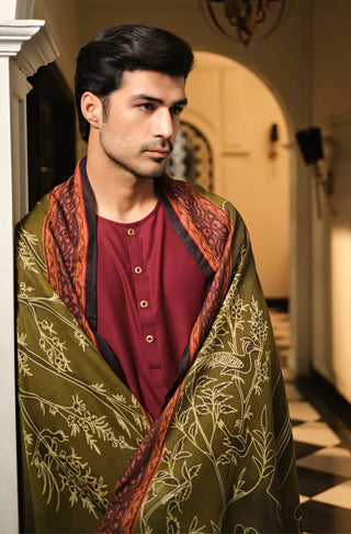 Manto Men's Ruby Red Lucknow Style Collar Kurta & Pajama Set Paired with Gumaan Odhni