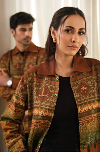 Manto's Unisex Front-Open Button Down Bagh-e-Mughal Overshirt featuring Urdu Calligraphy