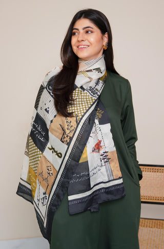 Shopmanto, wear manto, manto clothing brand, manto pakistan, ladies clothing brand, urdu calligraphy clothing, Wear manto crepe silk urdu calligraphy green and black safar scarf for men and women