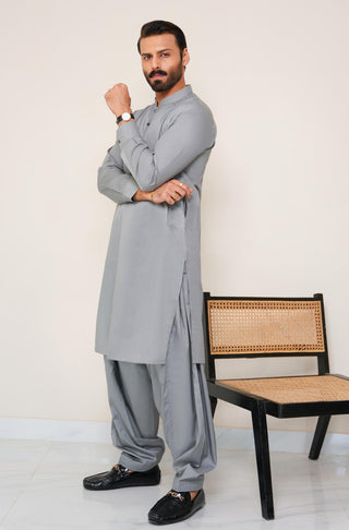 Shopmanto, wear manto, manto clothing brand, manto pakistan, ladies clothing brand, urdu calligraphy clothing, wear manto men's wear basic two piece coord grey sherwani collar cotton kameez shalwar, men's eid, men's fashion