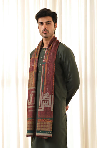 Straight Style of Manto's Unisex Double Sided Maroon Talaash-e-manzil Stole featuring Urdu Calligraphy