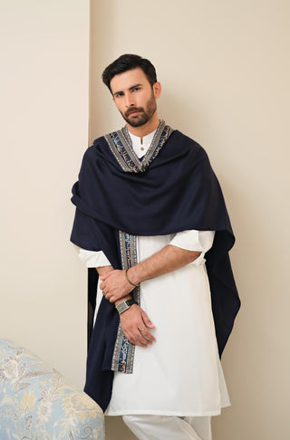 Manto Unisex Ready To Wear Acrylic Wool Outerwear Sabaat Cape Blue & Green Featuring Urdu Poetry by Allama Iqbal