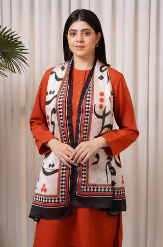 Shopmanto, wear manto, manto clothing brand, manto pakistan, ladies clothing brand, urdu calligraphy clothing, Wear manto crepe silk urdu calligraphy cream and black sooraj scarf for men and women