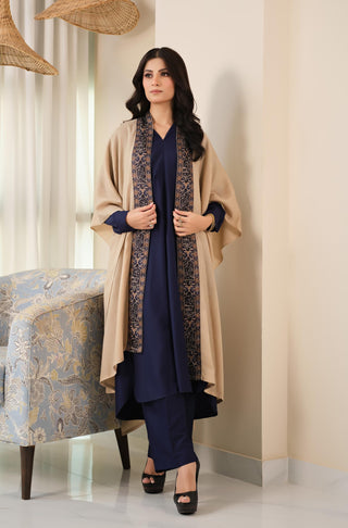 Manto Unisex Ready To Wear Acrylic Wool Outerwear Dariya Cape Beige & Blue Featuring Poetry of Natiq Lucknow