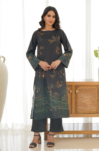 Manto Two Piece Black & Green Crepe Co-Ord Set with Straight Long Shirt & Trouser Featuring Urdu Calligraphy