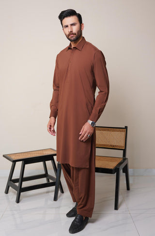 Shopmanto, wear manto, manto clothing brand, manto pakistan, ladies clothing brand, urdu calligraphy clothing, wear manto men's wear classic wash n wear cocoa brown kameez shalwar with kurta collar