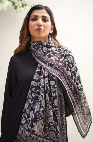 Manto Women's Stitched 1 Piece Crepe Silk Rich Black Nayaab Scarf Featuring Words of Altaf Hussain Hali