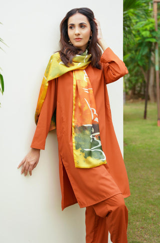 Manto Women's Ready to Wear 2 Piece Solid Burnt Orange Lucknow (Women) Coord Set with Mid Length Kurta & Straight Trouser Pants Paired with Jahaan Stole Featuring Urdu Calligraphy