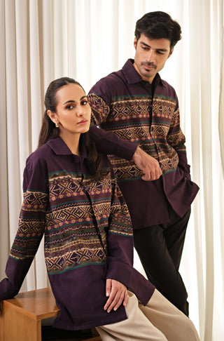 Shop manto's Unisex Loose-fit Khaddar Purple Meraki Overshirt featuring Urdu Calligraphy